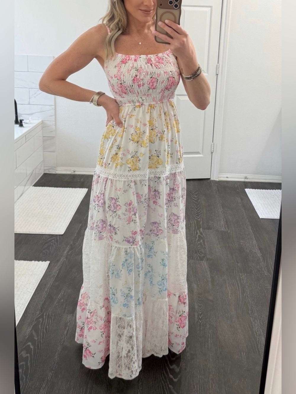 FLORAL LACE PANEL CAMI SHIRRED MAXI DRESS